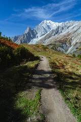 Obraz premium Mont Blanc, the highest top of the Alps, seen by the paths of the Val Ferret, during a sunny October day, near the town of Courmayeur, Valle d'Aosta, Italy - October 2023