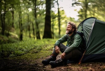 An attractive man hiking beside a tent in the forest, enjoying the serene wilderness on an outdoor adventure.