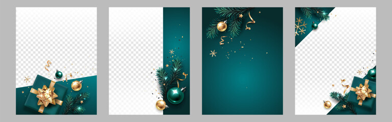 Set of vertical banners with gold, green Christmas symbols and text. Christmas tree, gift, balls, golden tinsel confetti and snowflakes on green and white background. Luxury background.
