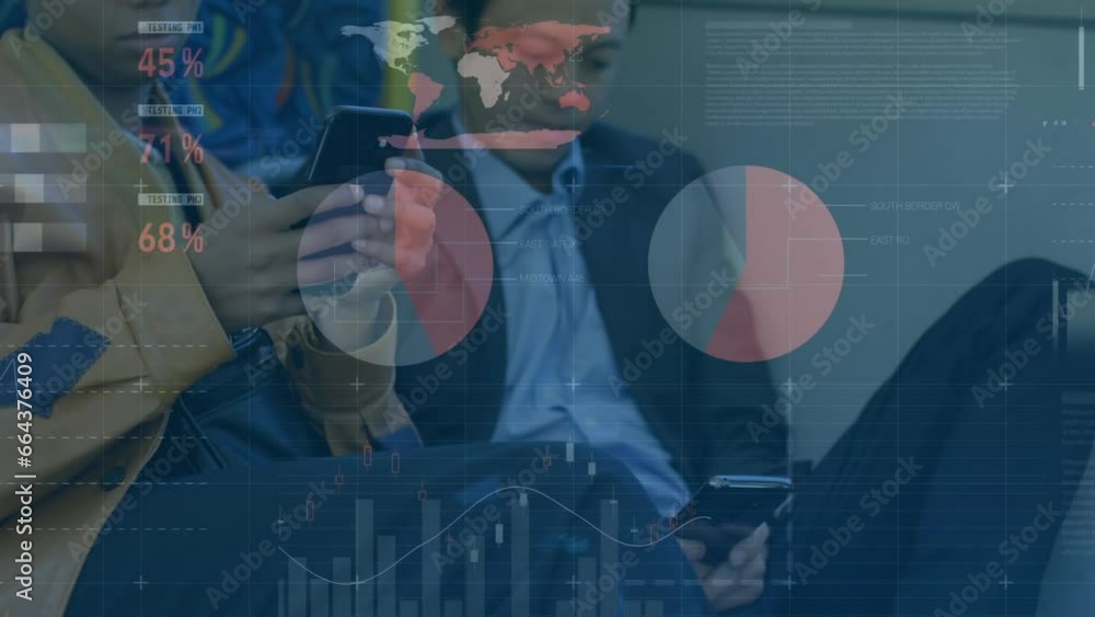 Poster animation of statistical data processing against two diverse businessmen using smartphones