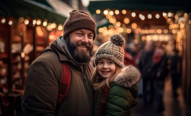 A joyful father and his daughter exchange Christmas gifts in the festive, snow-covered city streets