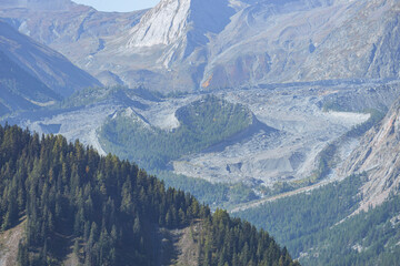 One of the many glaciers of the Mont Blanc Alps in Val Ferret, near the town of Courmayeur, Aosta Valley, Italy - October 2, 2023.