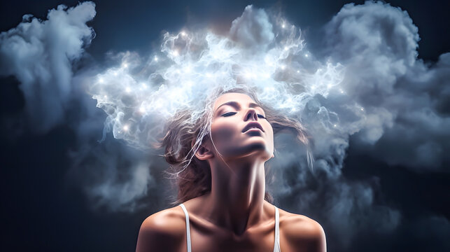 Mental health concept. A girl with a storm cloud over her head. 