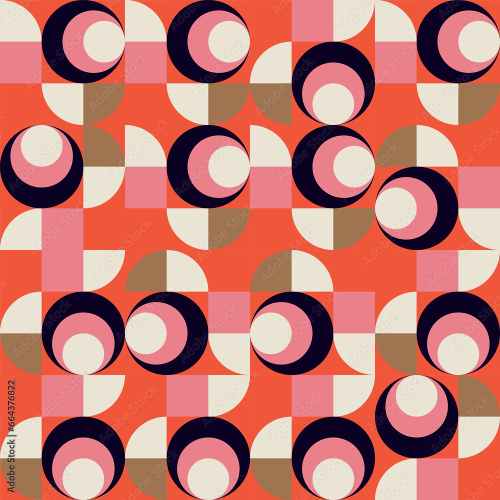 Poster  Modern vector abstract  geometric background with circles, rectangles and squares  in retro scandinavian style. Pastel colored simple shapes graphic pattern. Abstract mosaic artwork.