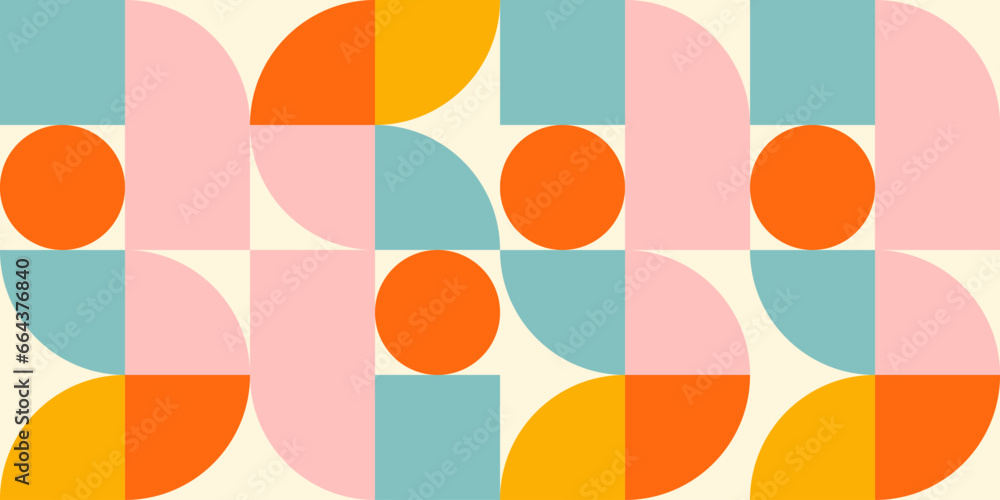Poster Retro geometric aesthetics. Bauhaus and avant-garde inspired vector background with abstract simple shapes like circle, square, semi circle. Colorful pattern in nostalgic pastel colors.