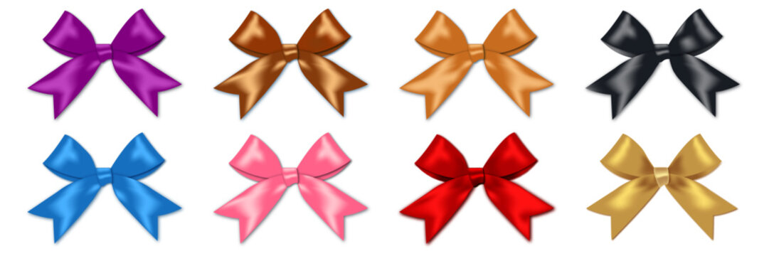 Realistic bow set. Red, golden, blue, pink, purple silk ribbons with bows festive decor satin rose, luxury elements for holiday packaging and design.