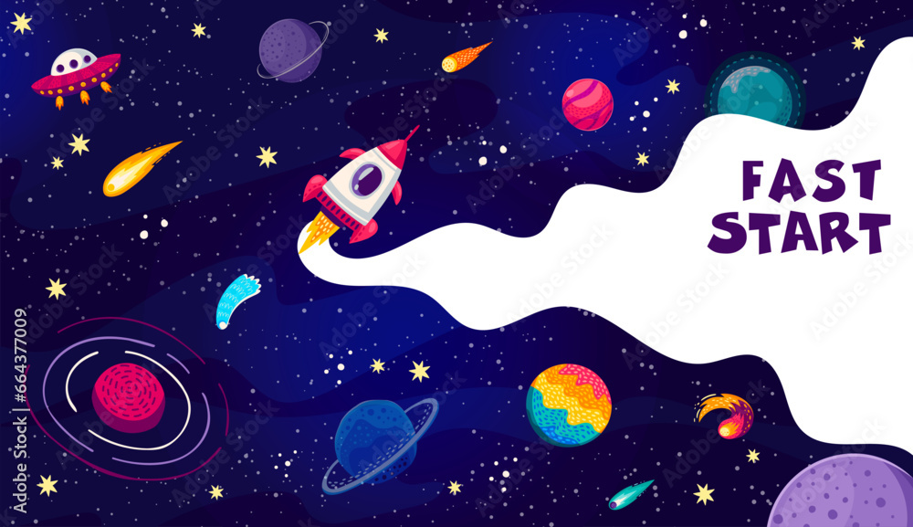 Poster Fast start business concept with space rocket launch and starry galaxy landscape, vector startup and innovation technology. Cartoon spaceship shuttle launch with smoke clouds and takeoff fire