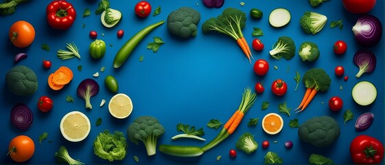 Colorful vegetables, Fresh produce, Vibrant food, Blue background, Space for text