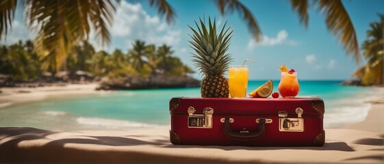 Tropical beach with palm trees and cocktail, summer vacation, vacation, Summer beach vacation holidays trip concept,  - Generative AI