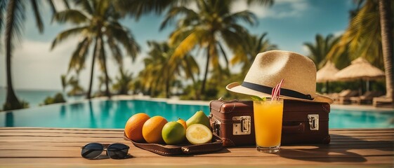 Tropical beach with palm trees and cocktail, summer vacation, vacation, Summer beach vacation holidays trip concept,  - Generative AI