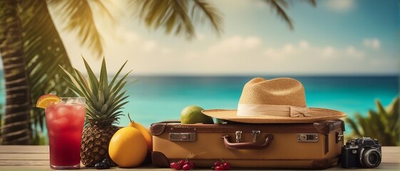 Tropical beach with palm trees and cocktail, summer vacation, vacation, Summer beach vacation holidays trip concept,  - Generative AI