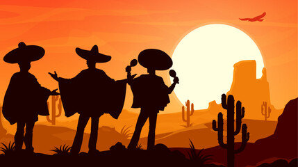 Fototapeta na wymiar Mexican mariachi musicians silhouettes at desert sunset landscape. Cinco de mayo holiday, celebration vector scene with latino men trio wear poncho and sombrero play maracas music in the dusk desert
