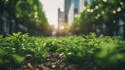 Eco-Friendly Urban Oasis: Sustainable Glass Office Building with Carbon-Reducing Tree, aerial view. Generative AI