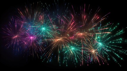 Fototapeta premium Multicolor fireworks explosion in night black sky.