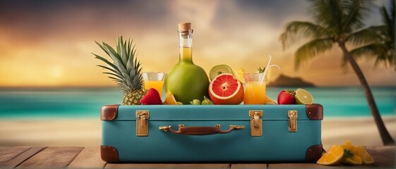 Tropical beach with fruit cocktail, on a suitcase, summer vacation, holiday - Generative AI