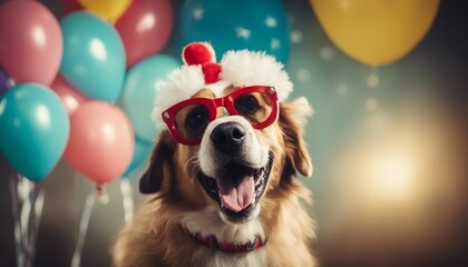 A birthday party with a sweet dog surrounded by balloons - AI Generated 