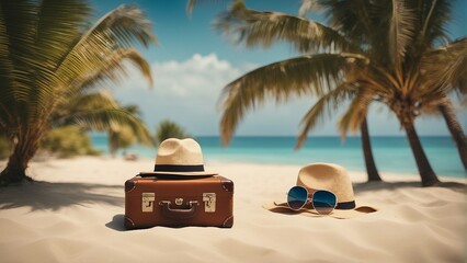 Tropical beach with palm trees suitcase and sun hats, summer vacation, vacation - Generative AI
