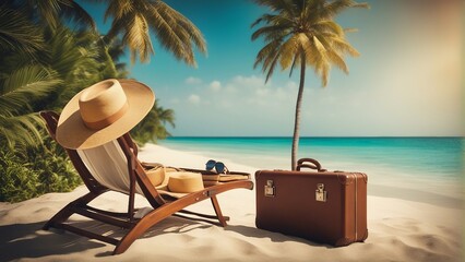 Tropical beach with palm trees, suitcase and beach chair, summer vacation, vacation - Generative AI