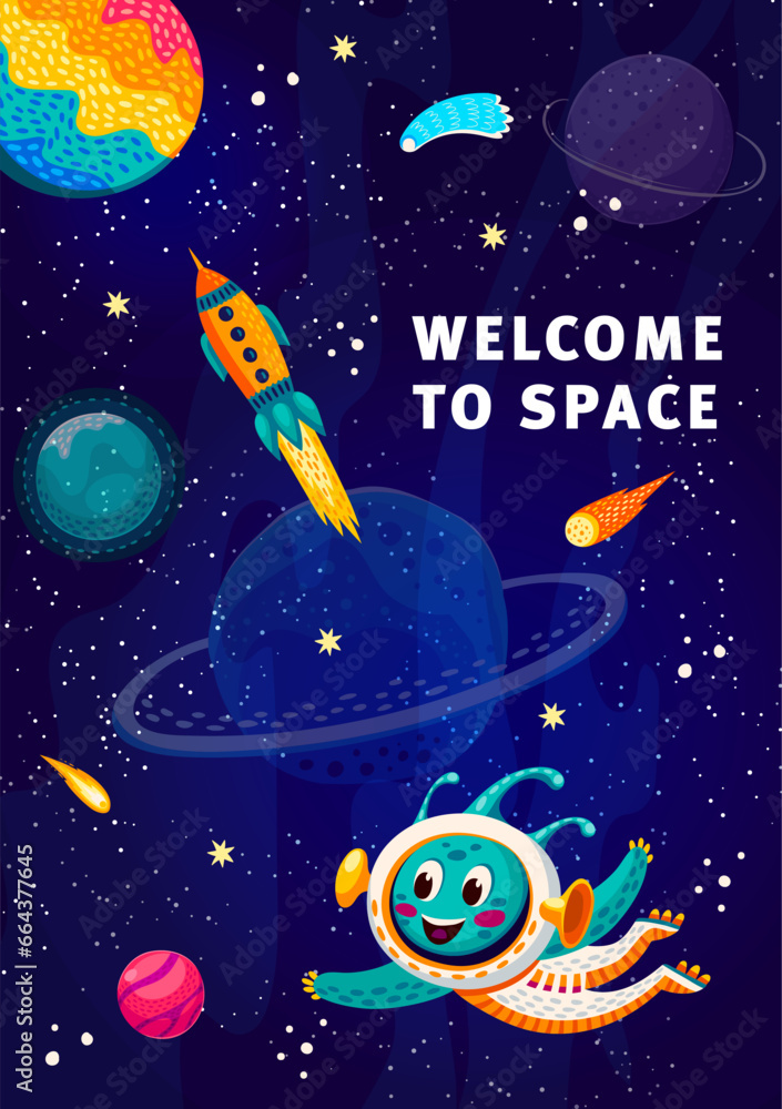 Poster cartoon alien character in starry galaxy outer space vector poster. fantasy space planets, rocket sp