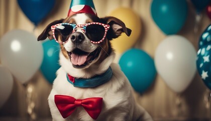 Happy cute dog in a party hat celebrating a birthday surrounded by balloons - AI Generated 