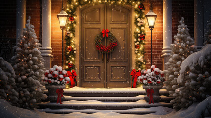 House Entrance Decorated for Christmas