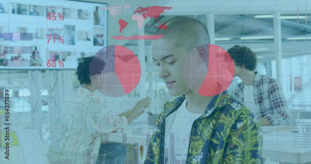 Poster animation of statistical data processing against portrait of biracial man smiling at office