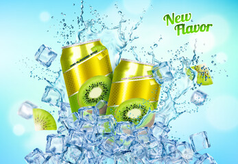 Ice kiwi drink, water splash and ice crystal cubes with aluminium can. Promo background with realistic tin bottle with summer beverage for a delightful and thirst-quenching experience on a sunny day