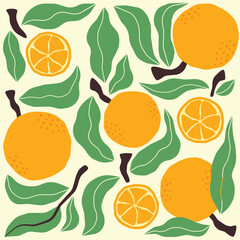 Colorful poster with oranges and leaves. Vector composition for greeting card or invitation. Print for clothes with fruits	