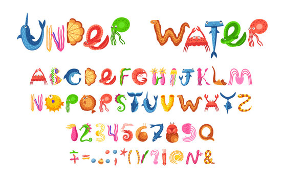 Sea animals font, ocean underwater type or aquatic typeface with marine alphabet, vector cartoon letters. Funny fish, octopus and dolphin or starfish and whale in kids undersea font or aquatic type