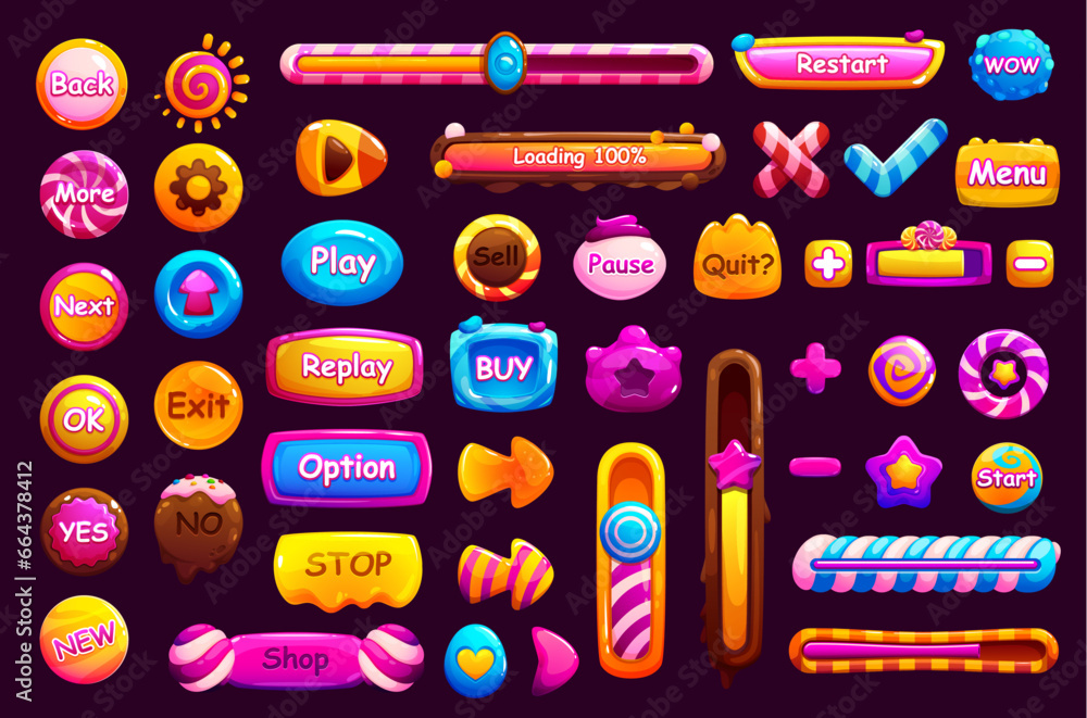 Fototapete Game candy interface buttons and window, frame and loading bar, slider, menu options panel ui and gui elements. Isolated vector 2d user menu design elements set. Glossy lollipops, toffee and bonbons