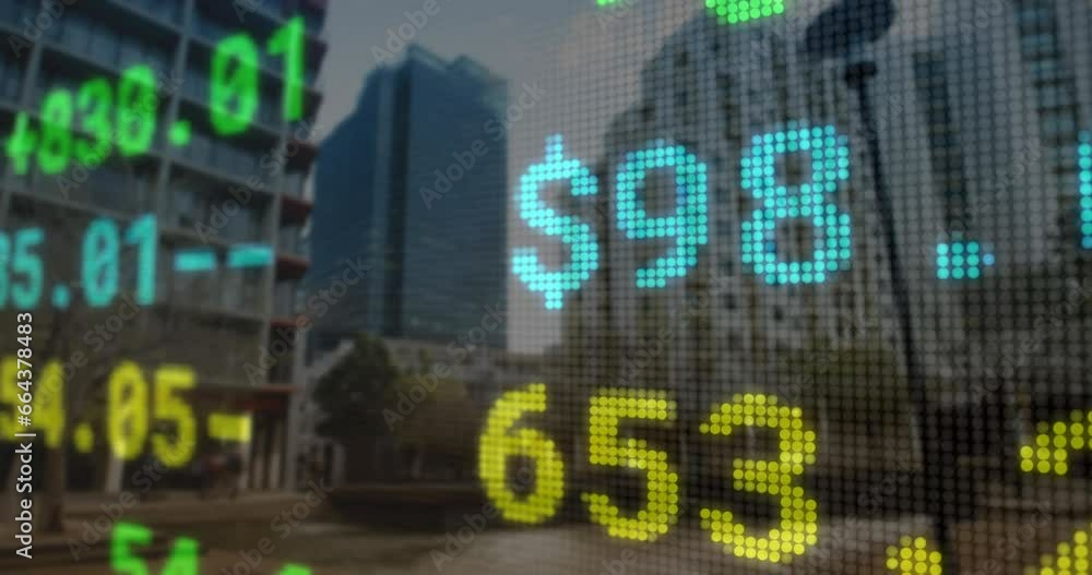 Poster animation of stock market data processing against view of tall buildings