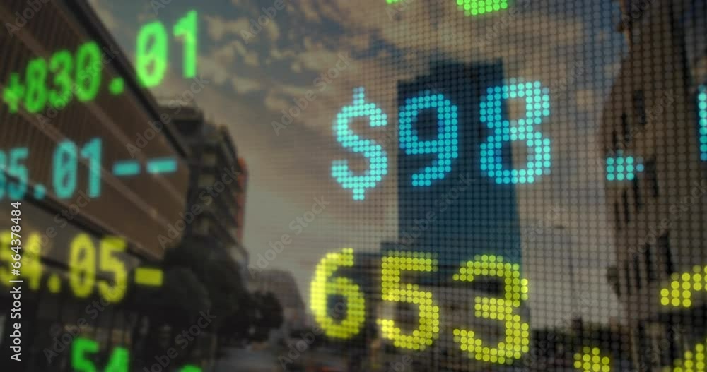 Poster animation of stock market data processing against view of tall buildings