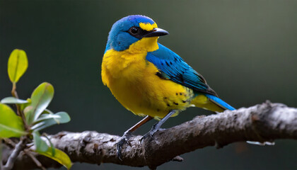 Tanager bird perched on a branch with a dark backdrop, featuring shades of blue and yellow