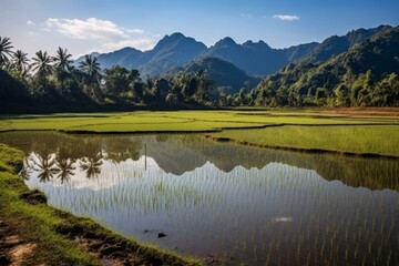 Fototapeta na wymiar Scenic rice paddy under sunny sky with mountains in rural Thailand. Generative AI