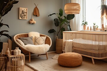 Cozy Nordic nursery with a comfy crib and rattan armchair, showcasing nursery decor. Generative AI