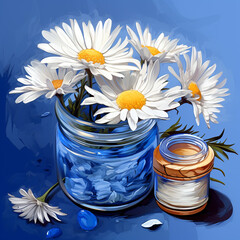 Chamomile cream. Face and body care. Cosmetics in small jar near chamomile flowers on blue background copy space