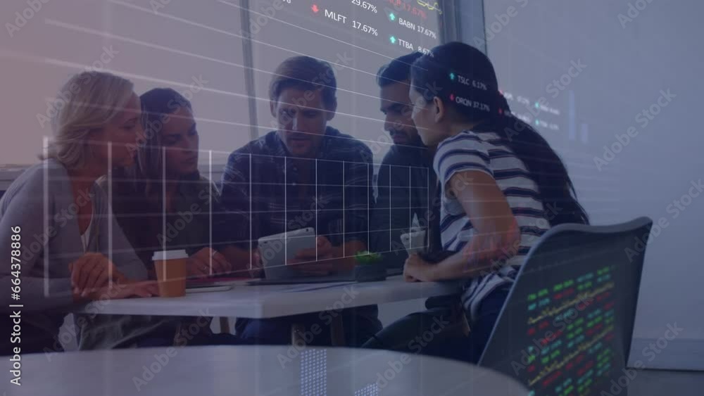 Poster animation of stock market data processing against team of diverse colleagues discussing at office