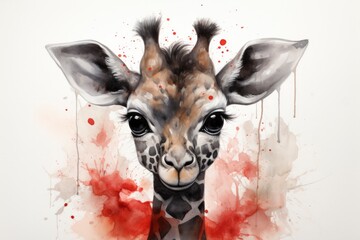 A delicately drawn giraffe face takes center stage in this bohemian watercolor poster. - obrazy, fototapety, plakaty