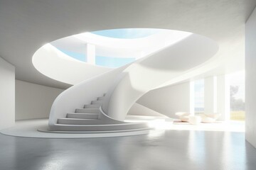 Abstract interior with spiral stairway in white concrete hall. Generative AI