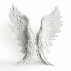 Fototapeta premium Angel wings in pure white isolated on a white background, symbolizing hope and divinity. AI Generative