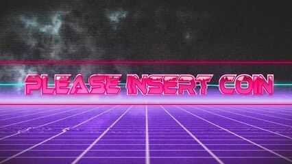 Animation of please insert coin text banner over purple grid network against black background