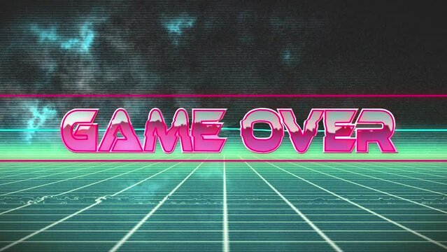 Animation of game over text banner over green grid network against black background