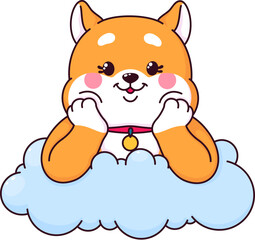 Cartoon kawaii shiba inu dog and puppy character, cute pet lounging on a fluffy cloud, cheeks propped up, exuding a contented vibe with a hint of playfulness. Isolated vector adorable japanese pup