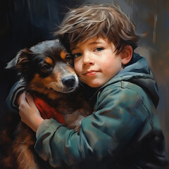 boy hugs his beloved dog. Walking with a pet. Portrait of a boy and a dog