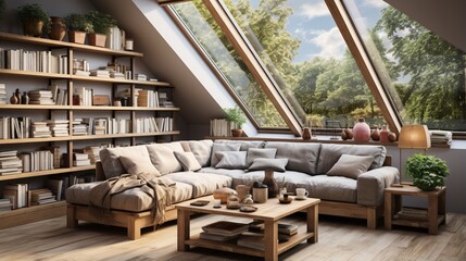 In a farmhouse attic, a corner sofa complements the Scandinavian home interior design of a modern living room with a shelving unit