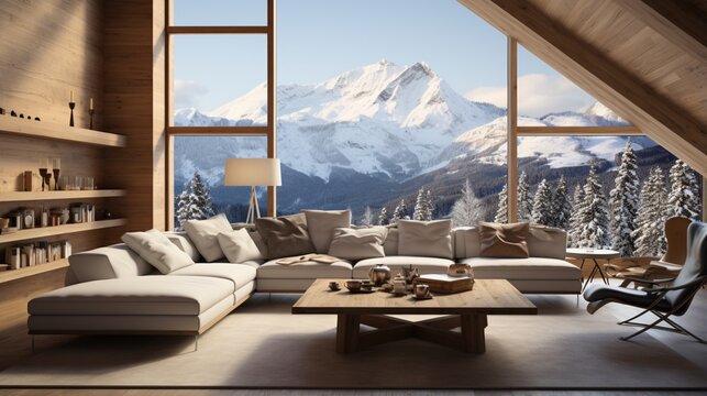 In a chalet with a minimalist home interior design there's a corner sofa in a room with wooden lining paneling walls and a ceiling, offering panoramic views of a great winter snow mountain landscape