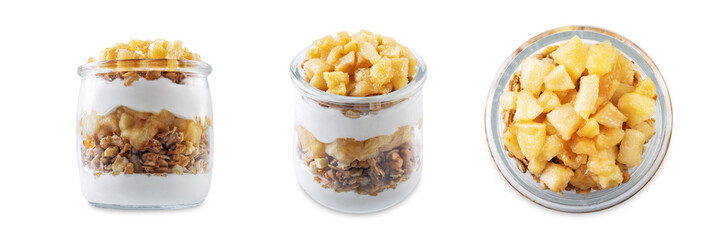 Apple greek yogurt granola parfait on a white isolated background