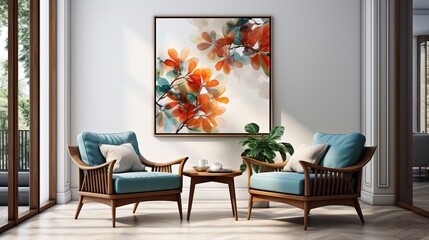In a mid-century interior design of a modern living room, a blue armchair sits near a long wooden coffee table against a white wall with a large art canvas poster frame