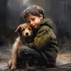 boy hugs his beloved dog. Walking with a pet. Portrait of a boy and a dog