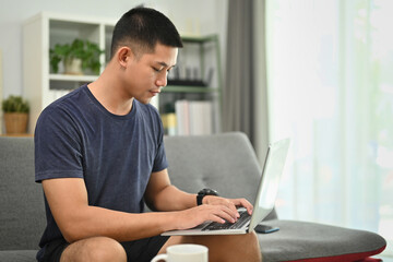Focused male freelancer in casual clothes working on laptop while sitting on sofa at home